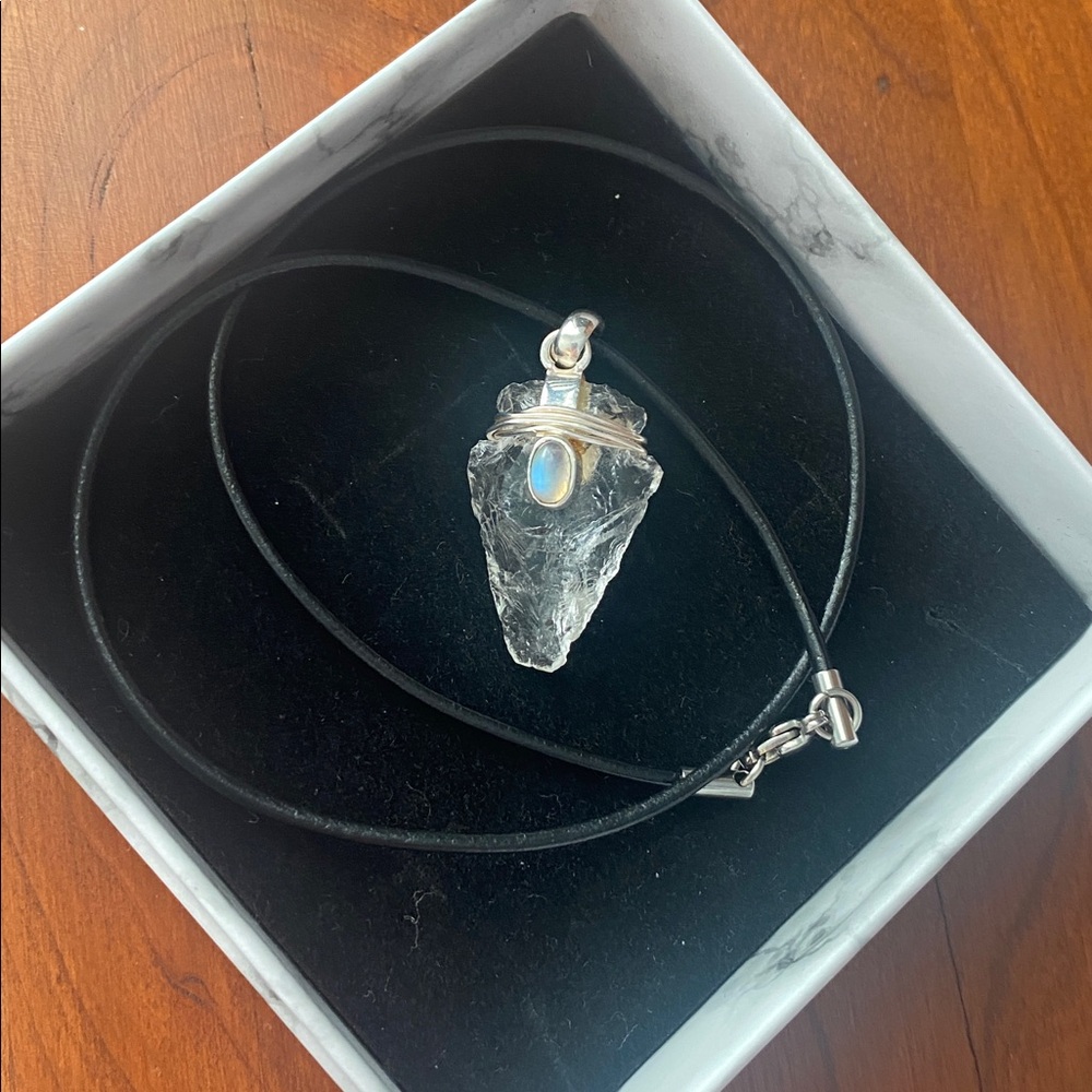 New Hand carved Arrowhead Crystal Quartz & Moonstone Pendant  w/ 16” Black Cord